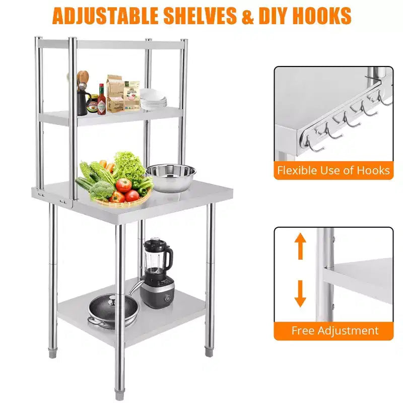 Table en acier inoxydable avec étagères, table de préparation avec crochets, établi de travail robuste pour cuisine commerciale/domestique, comptoir en acier