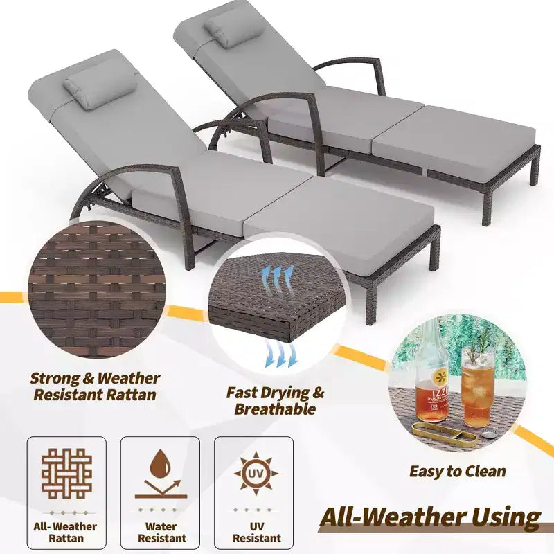 Chaises longues de jardin en rotin, transats de patio inclinables et réglables 5 positions, avec accoudoirs, coussins, oreillers et roulettes