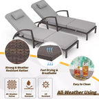 Chaises longues de jardin en rotin, transats de patio inclinables et réglables 5 positions, avec accoudoirs, coussins, oreillers et roulettes
