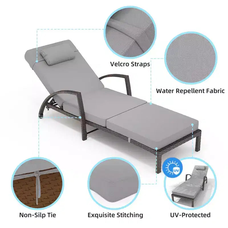 Chaises longues de jardin en rotin, transats de patio inclinables et réglables 5 positions, avec accoudoirs, coussins, oreillers et roulettes