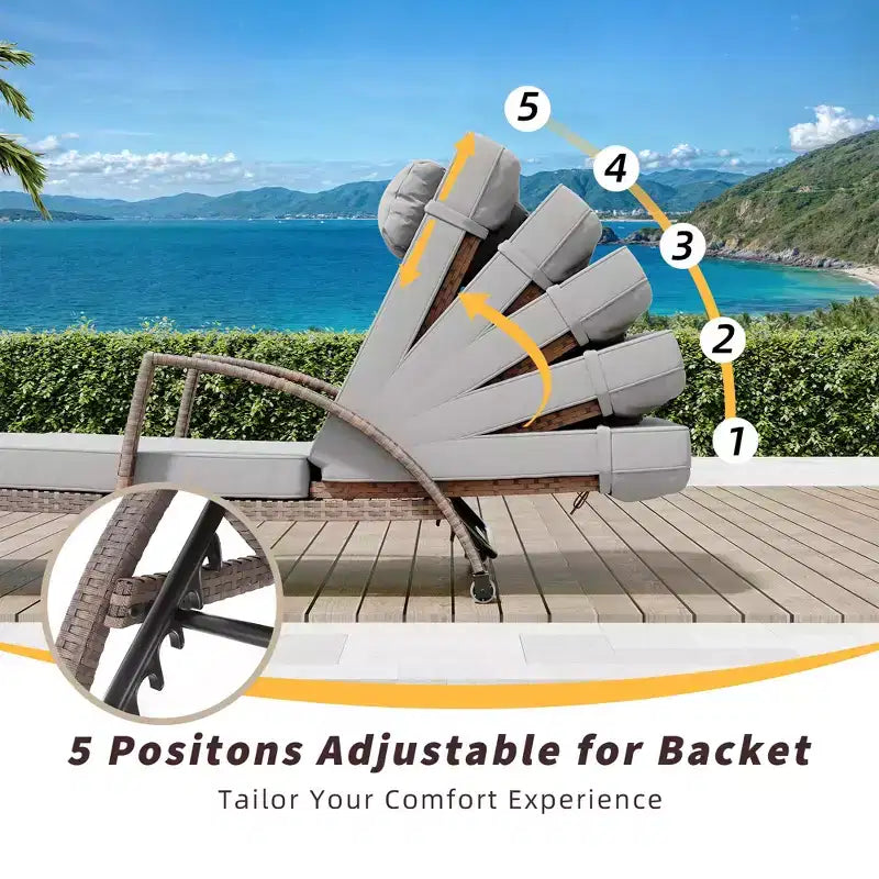 Chaises longues de jardin en rotin, transats de patio inclinables et réglables 5 positions, avec accoudoirs, coussins, oreillers et roulettes