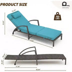 Chaises longues de jardin en rotin, transats de patio inclinables et réglables 5 positions, avec accoudoirs, coussins, oreillers et roulettes