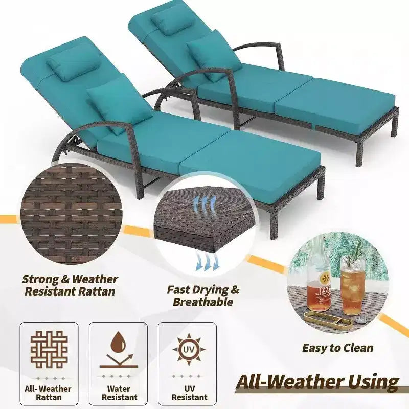 Chaises longues de jardin en rotin, transats de patio inclinables et réglables 5 positions, avec accoudoirs, coussins, oreillers et roulettes