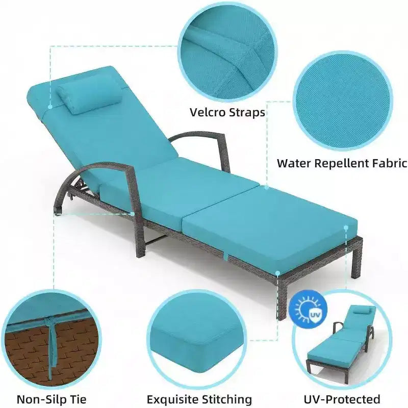 Chaises longues de jardin en rotin, transats de patio inclinables et réglables 5 positions, avec accoudoirs, coussins, oreillers et roulettes