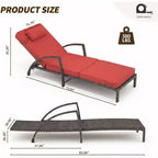 Chaises longues de jardin en rotin, transats de patio inclinables et réglables 5 positions, avec accoudoirs, coussins, oreillers et roulettes