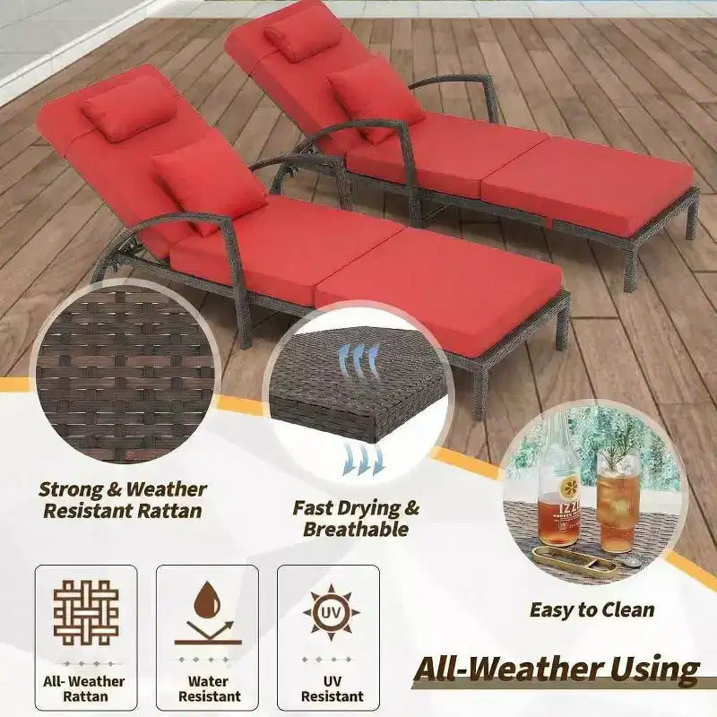Chaises longues de jardin en rotin, transats de patio inclinables et réglables 5 positions, avec accoudoirs, coussins, oreillers et roulettes