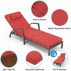 Chaises longues de jardin en rotin, transats de patio inclinables et réglables 5 positions, avec accoudoirs, coussins, oreillers et roulettes