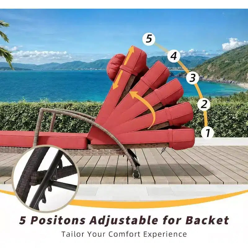 Chaises longues de jardin en rotin, transats de patio inclinables et réglables 5 positions, avec accoudoirs, coussins, oreillers et roulettes