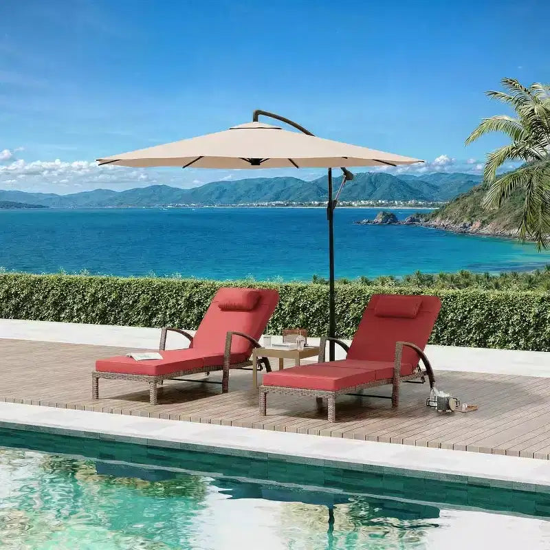 Chaises longues de jardin en rotin, transats de patio inclinables et réglables 5 positions, avec accoudoirs, coussins, oreillers et roulettes