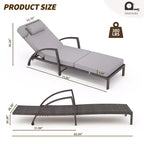 Chaises longues de jardin en rotin, transats de patio inclinables et réglables 5 positions, avec accoudoirs, coussins, oreillers et roulettes