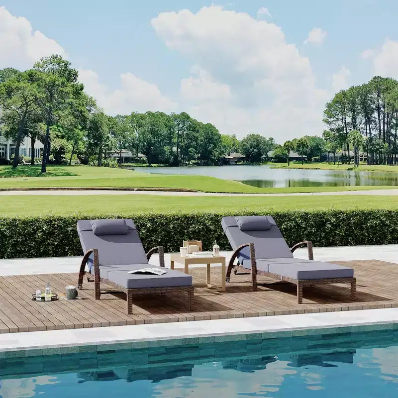 Rattan Outdoor Chaise Lounge Chairs, 5-Position Adjustable Reclining Patio Loungers, with Armrests, Cushions, Pillows & Rolling Wheels