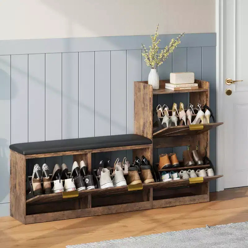 Meuble à chaussures avec banc, 4 tiroirs basculants et étagère supérieure ouverte, banc de rangement en bois, adapté pour l'entrée ou le salon, marron.