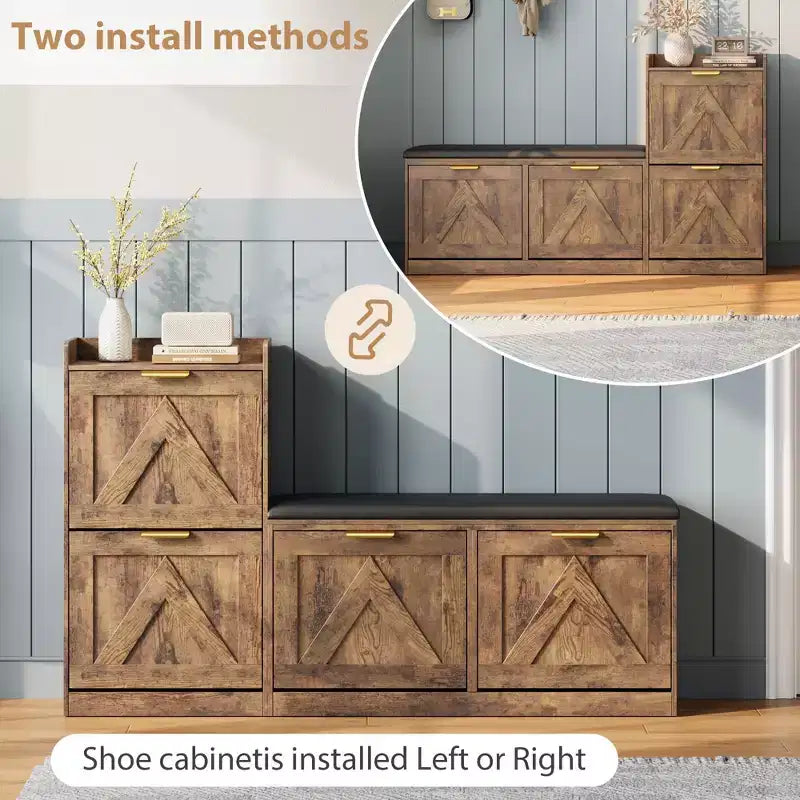 Meuble à chaussures avec banc, 4 tiroirs basculants et étagère supérieure ouverte, banc de rangement en bois, adapté pour l'entrée ou le salon, marron.