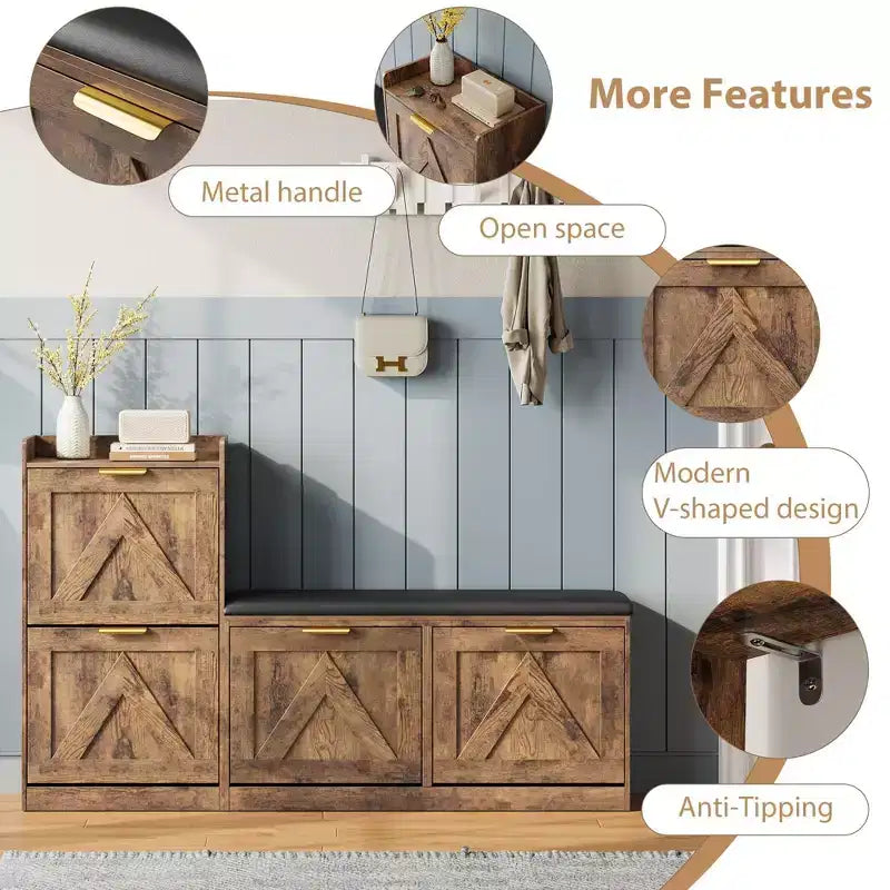 Meuble à chaussures avec banc, 4 tiroirs basculants et étagère supérieure ouverte, banc de rangement en bois, adapté pour l'entrée ou le salon, marron.