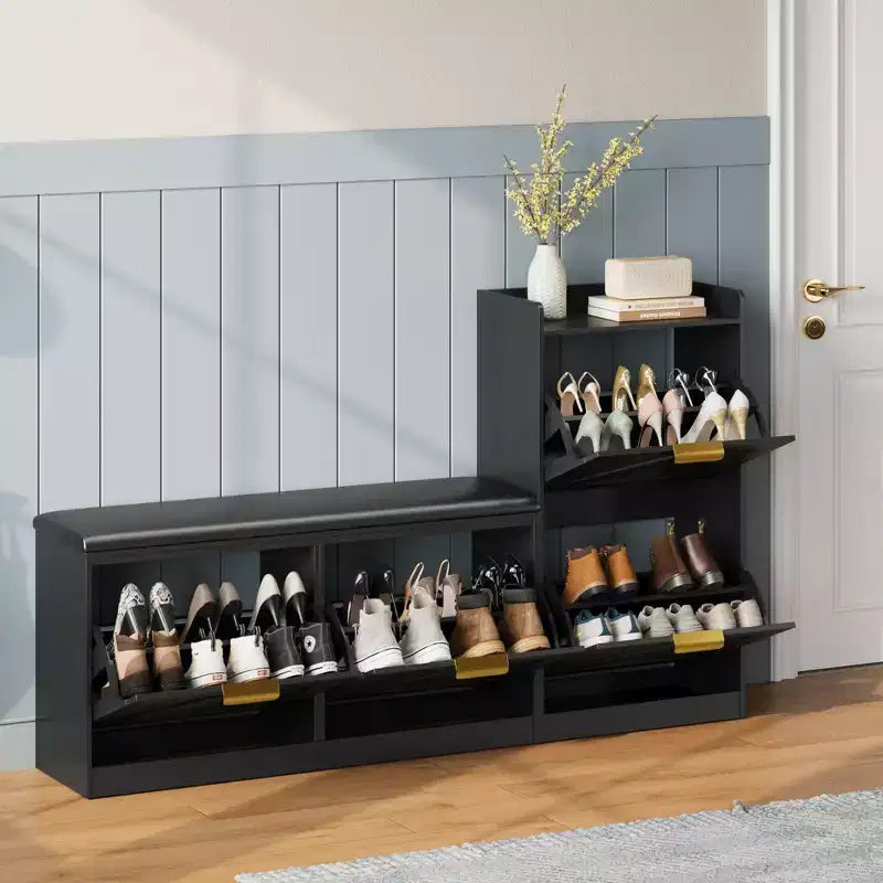 Meuble à chaussures avec banc, 4 tiroirs basculants et étagère supérieure ouverte, banc de rangement en bois, adapté pour l'entrée ou le salon, marron.