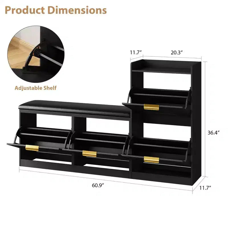Meuble à chaussures avec banc, 4 tiroirs basculants et étagère supérieure ouverte, banc de rangement en bois, adapté pour l'entrée ou le salon, marron.