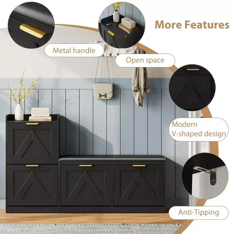 Meuble à chaussures avec banc, 4 tiroirs basculants et étagère supérieure ouverte, banc de rangement en bois, adapté pour l'entrée ou le salon, marron.