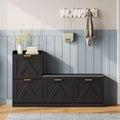 Shoe cabinet with bench, 4 flip-up drawers and open top shelf, wooden storage bench, suitable for entryway or living room, brown.