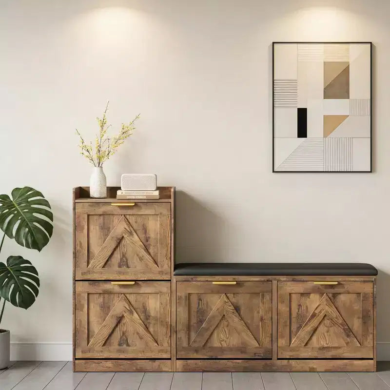 Meuble à chaussures avec banc, 4 tiroirs basculants et étagère supérieure ouverte, banc de rangement en bois, adapté pour l'entrée ou le salon, marron.