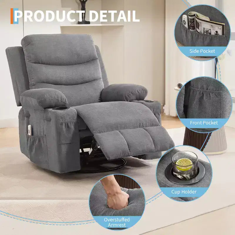 Fauteuil inclinable pivotant et berçant avec massage et chauffage
