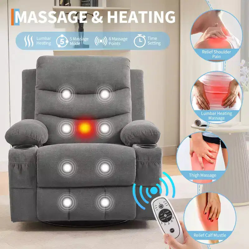 Fauteuil inclinable pivotant et berçant avec massage et chauffage