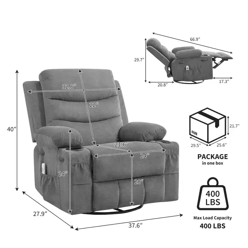 Fauteuil inclinable pivotant et berçant avec massage et chauffage