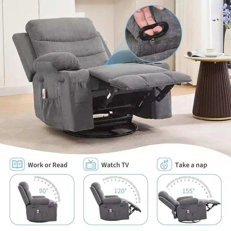 Fauteuil inclinable pivotant et berçant avec massage et chauffage