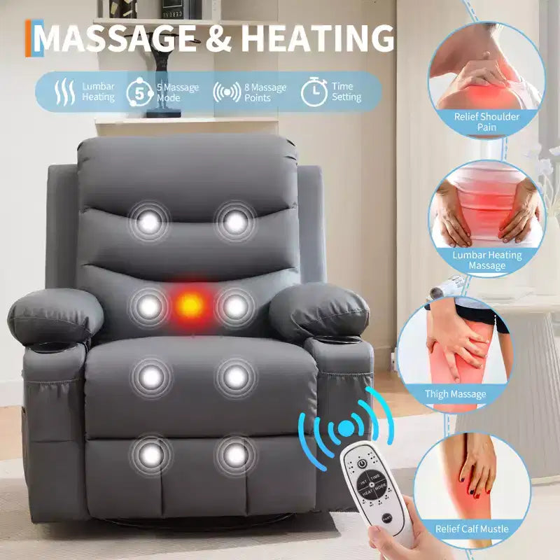 Fauteuil inclinable pivotant et berçant avec massage et chauffage