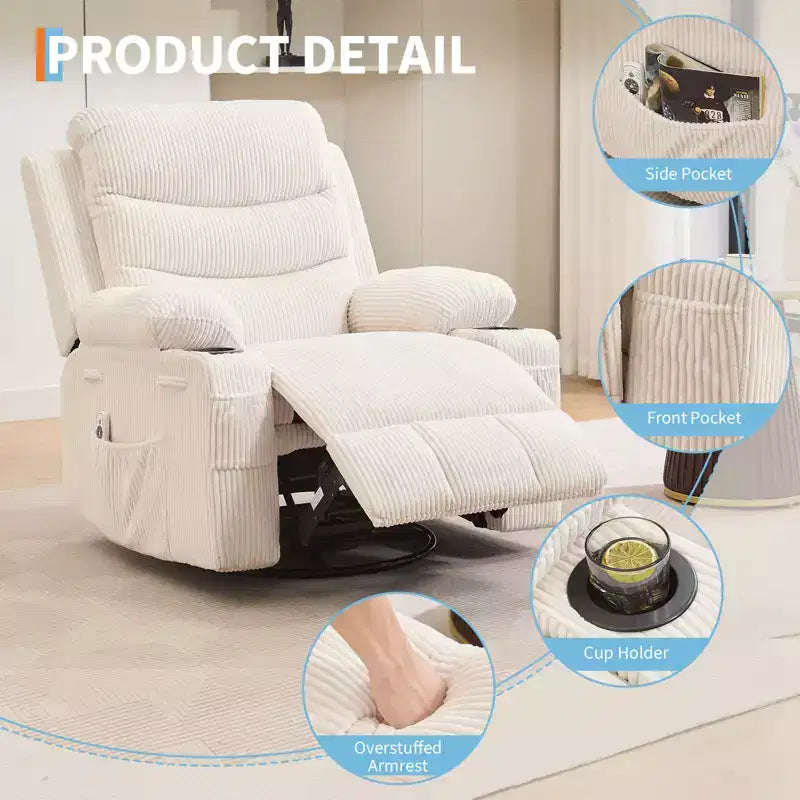 Fauteuil inclinable pivotant et berçant avec massage et chauffage