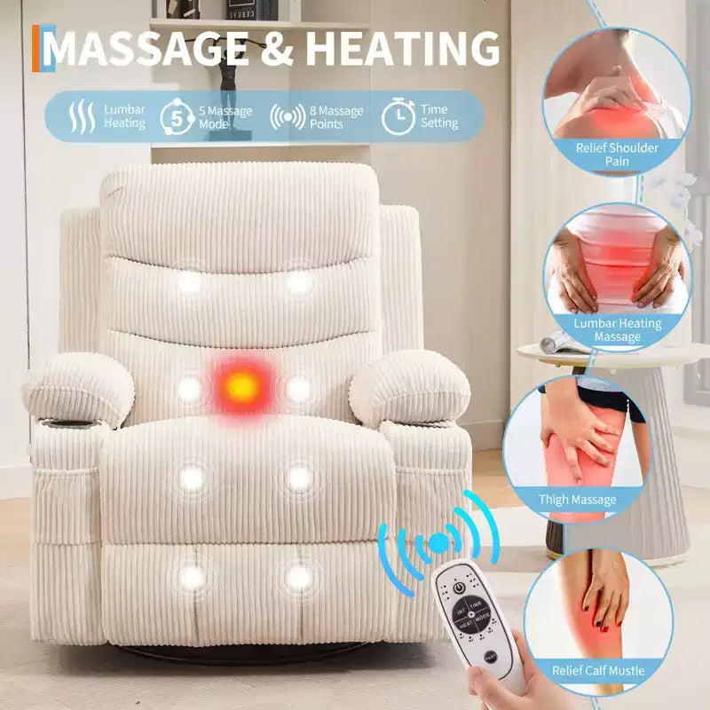 Fauteuil inclinable pivotant et berçant avec massage et chauffage