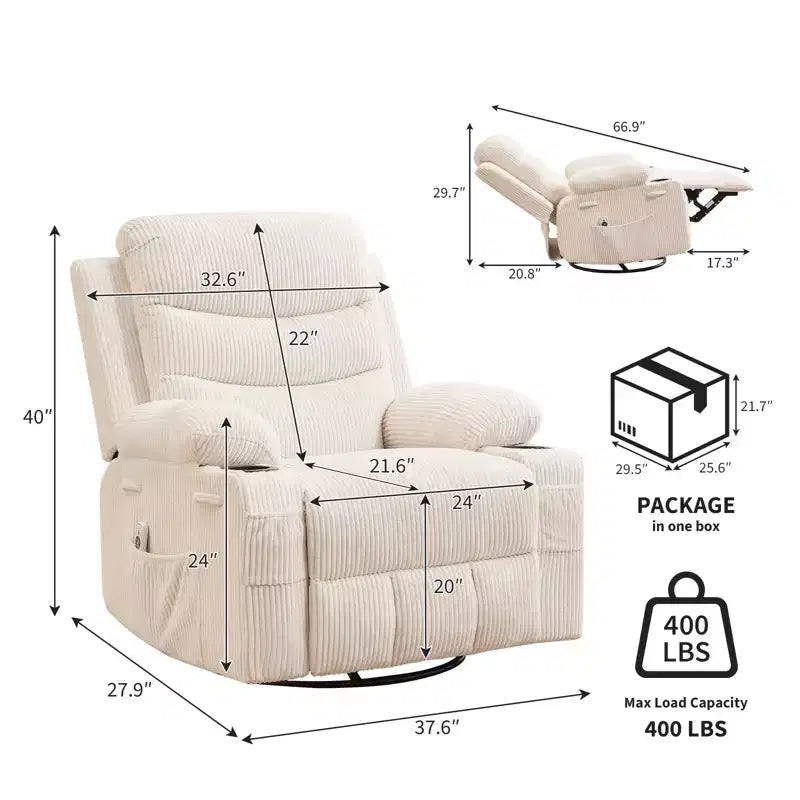 Fauteuil inclinable pivotant et berçant avec massage et chauffage