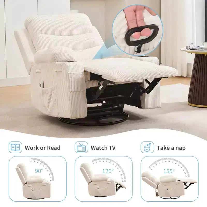 Fauteuil inclinable pivotant et berçant avec massage et chauffage