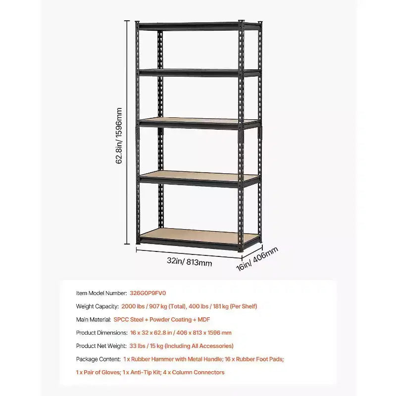 Étagères de rangement, 907 kg, Étagères de rangement de garage à 5 niveaux, 40,6 P x 81,3 L x 159,5 H Étagères métalliques réglables pour garage Étagère utilitaire