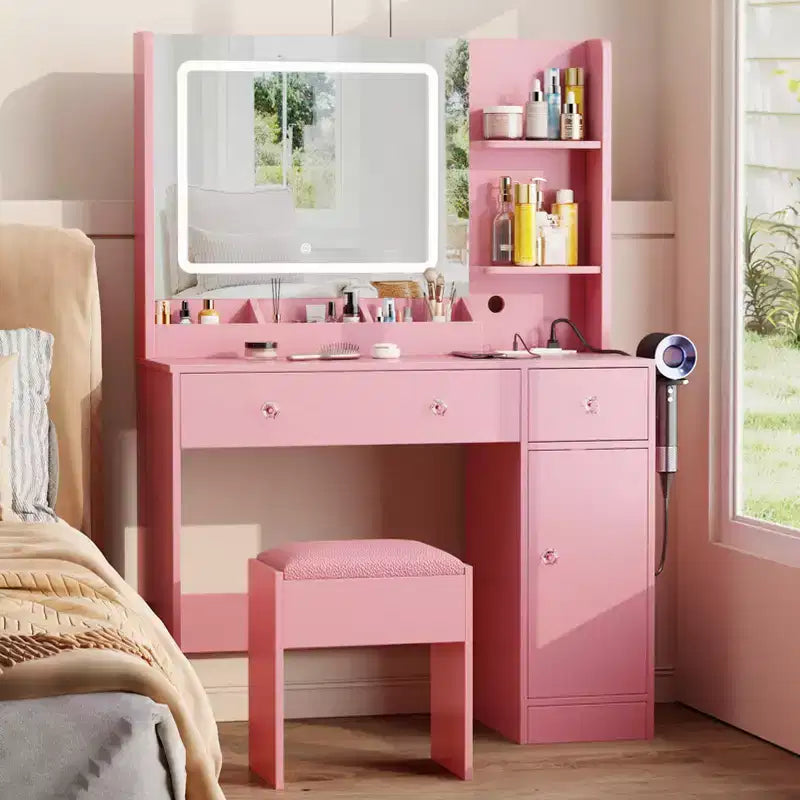 Coiffeuse rose avec miroir et lumières, ensemble de coiffeuse de maquillage avec tabouret et prise de courant, table de maquillage avec tiroirs, étagères de rangement, bureau avec miroir éclairé