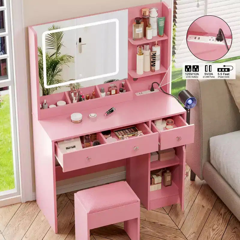 Coiffeuse rose avec miroir et lumières, ensemble de coiffeuse de maquillage avec tabouret et prise de courant, table de maquillage avec tiroirs, étagères de rangement, bureau avec miroir éclairé
