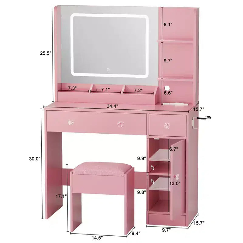 Coiffeuse rose avec miroir et lumières, ensemble de coiffeuse de maquillage avec tabouret et prise de courant, table de maquillage avec tiroirs, étagères de rangement, bureau avec miroir éclairé