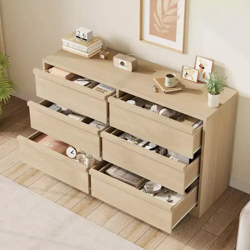 Commode 6 tiroirs de 120 cm de large en chêne naturel – Grande commode en bois pour chambre à coucher, chambre d'enfant et entrée