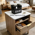 Modern Nightstand with Charging Station | 18 Small Bedside Table with Faux Marble Top & 2 Drawers | Oak Finish Bedroom, Living Room Night Stand
