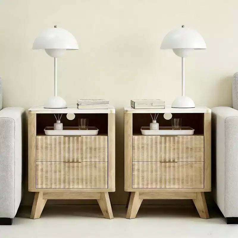 Modern Nightstand with Charging Station | 18 Small Bedside Table with Faux Marble Top & 2 Drawers | Oak Finish Bedroom, Living Room Night Stand
