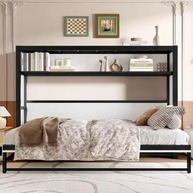 Lit escamotable double avec étagères, lit mural en métal avec design pliable pour petits espaces