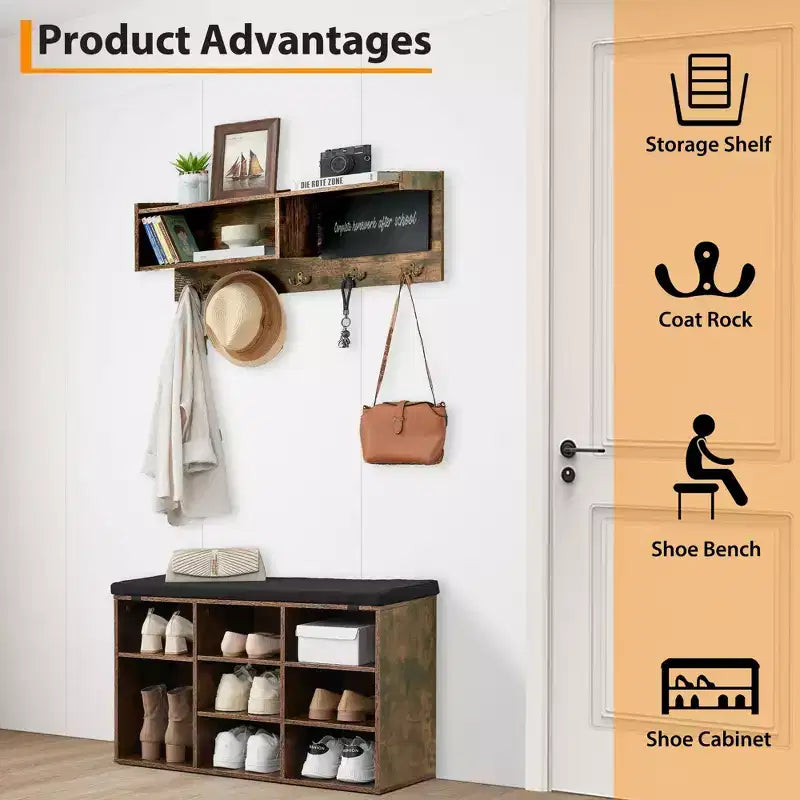 31.5 Industrial Hall Tree with Shoe Bench, 6-in-1 Entryway Coat Rack with 5 Hooks & 9 Storage Cubbies, Bookshelf & Blackboard