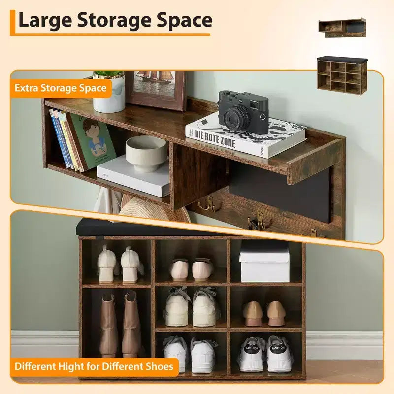 31.5 Industrial Hall Tree with Shoe Bench, 6-in-1 Entryway Coat Rack with 5 Hooks & 9 Storage Cubbies, Bookshelf & Blackboard