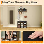 31.5 Industrial Hall Tree with Shoe Bench, 6-in-1 Entryway Coat Rack with 5 Hooks & 9 Storage Cubbies, Bookshelf & Blackboard
