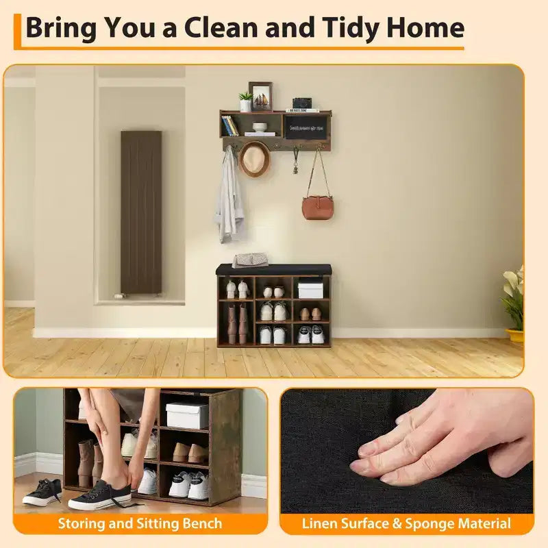 31.5 Industrial Hall Tree with Shoe Bench, 6-in-1 Entryway Coat Rack with 5 Hooks & 9 Storage Cubbies, Bookshelf & Blackboard