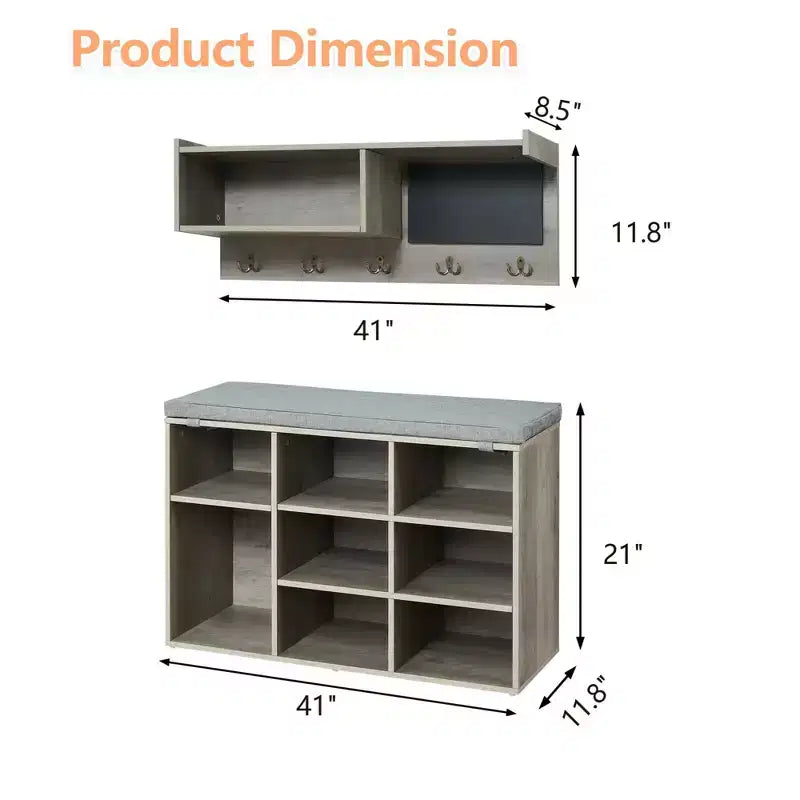 31.5 Industrial Hall Tree with Shoe Bench, 6-in-1 Entryway Coat Rack with 5 Hooks & 9 Storage Cubbies, Bookshelf & Blackboard