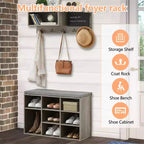 31.5 Industrial Hall Tree with Shoe Bench, 6-in-1 Entryway Coat Rack with 5 Hooks & 9 Storage Cubbies, Bookshelf & Blackboard