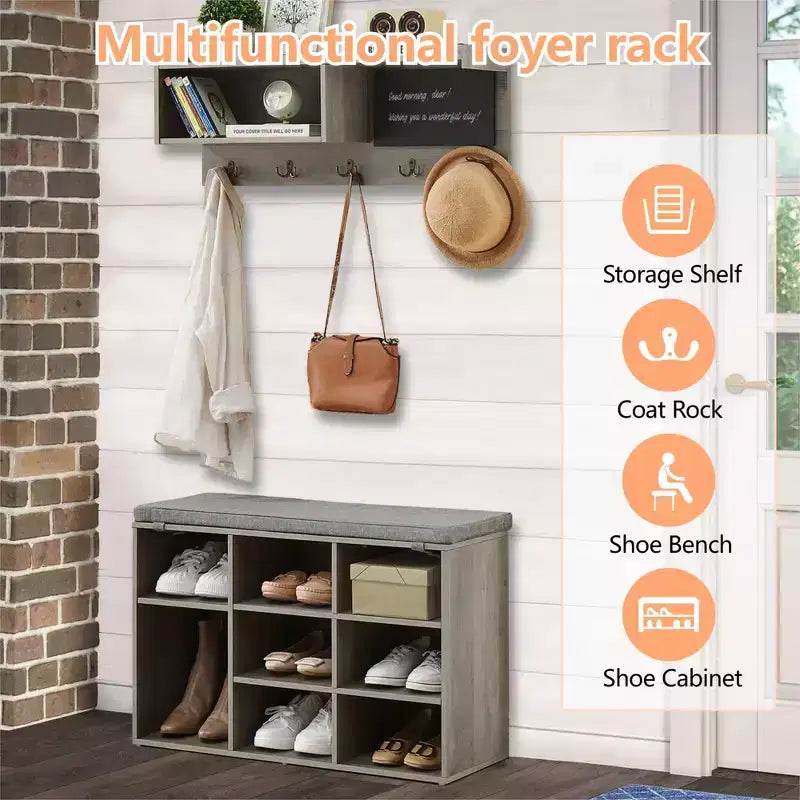 31.5 Industrial Hall Tree with Shoe Bench, 6-in-1 Entryway Coat Rack with 5 Hooks & 9 Storage Cubbies, Bookshelf & Blackboard
