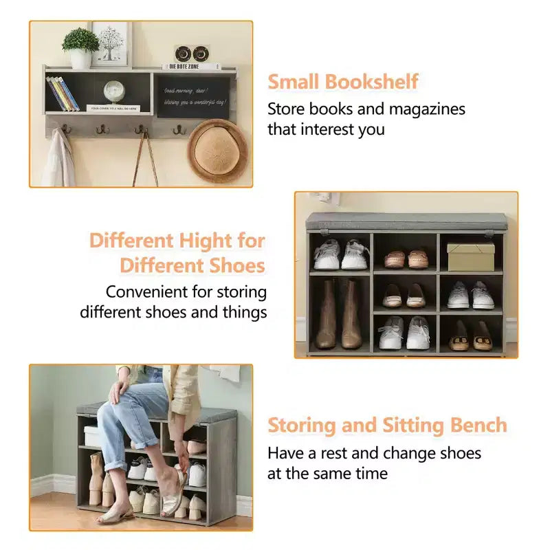31.5 Industrial Hall Tree with Shoe Bench, 6-in-1 Entryway Coat Rack with 5 Hooks & 9 Storage Cubbies, Bookshelf & Blackboard