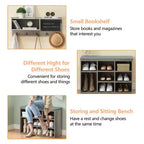 31.5 Industrial Hall Tree with Shoe Bench, 6-in-1 Entryway Coat Rack with 5 Hooks & 9 Storage Cubbies, Bookshelf & Blackboard