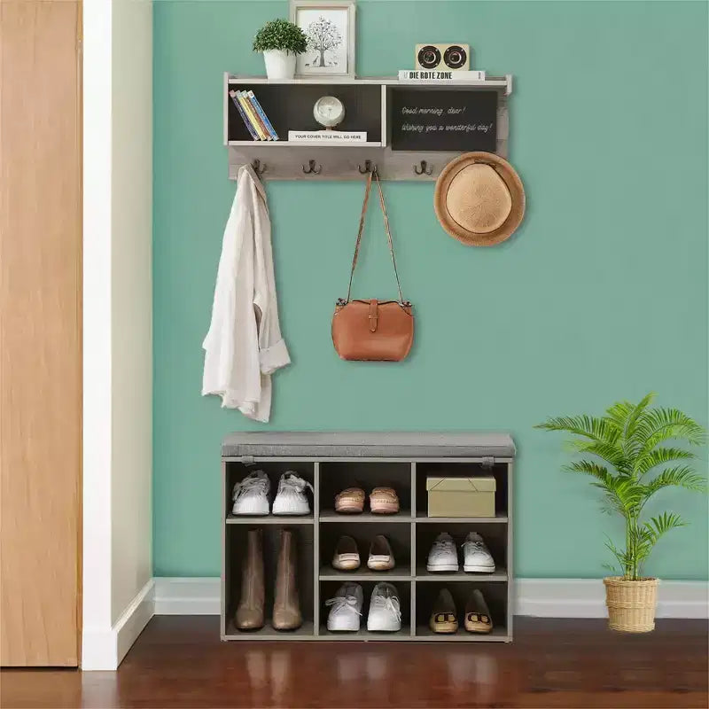 31.5 Industrial Hall Tree with Shoe Bench, 6-in-1 Entryway Coat Rack with 5 Hooks & 9 Storage Cubbies, Bookshelf & Blackboard